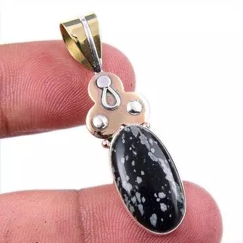 Natural Snowflake Obsidian Gemstone 925 Solid Silver Two Tone Pendant 1.75 v3o46