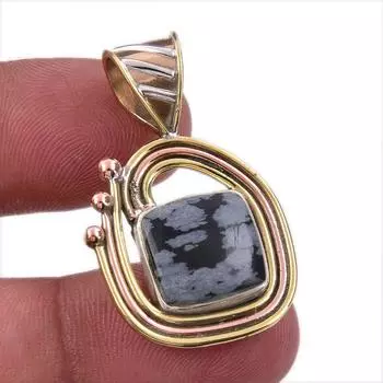 Natural Snowflake Obsidian Gemstone 925 Solid Silver Two Tone Pendant 1.50 O3a34