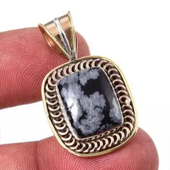 Natural Snowflake Obsidian Gemstone 925 Solid Silver Two Tone Pendant 1.25 G9v44