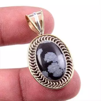 Natural Snowflake Obsidian Gemstone 925 Solid Silver Two Tone Pendant 1.5 V7p06