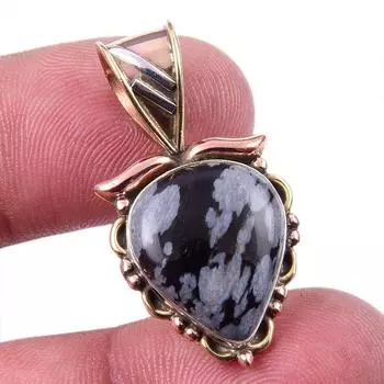 Natural Snowflake Obsidian Gemstone 925 Solid Silver Two Tone Pendant 1.25 j9O09
