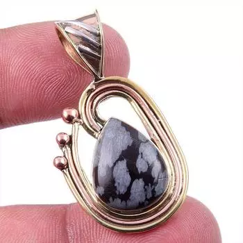Natural Snowflake Obsidian Gemstone 925 Solid Silver Two Tone Pendant 1.50 k0g69