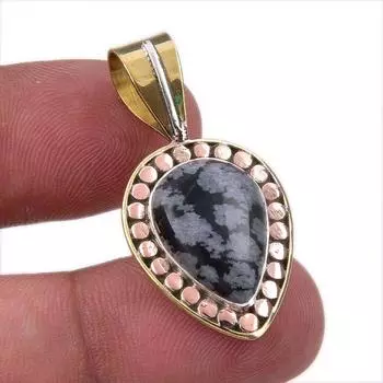 Natural Snowflake Obsidian Gemstone 925 Solid Silver Two Tone Pendant 1.50 Q4o00