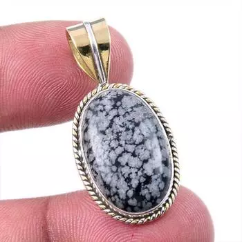 Natural Snowflake Obsidian Gemstone 925 Solid Silver Two Tone Pendant 1.25 l1Y85