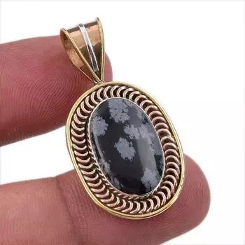 Natural Snowflake Obsidian Gemstone 925 Solid Silver Two Tone Pendant 1.50 d8e78