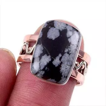 Natural Snowflake Obsidian Gemstone 925 Solid Silver Two Tone Ring Size 7US P4t53