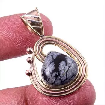 Natural Snowflake Obsidian Gemstone 925 Solid Silver Two Tone Pendant 1.50 N0R15