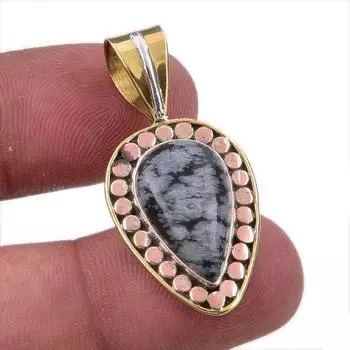 Natural Snowflake Obsidian Gemstone 925 Solid Silver Two Tone Pendant 1.50 s7t20
