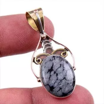 Natural Snowflake Obsidian Gemstone 925 Solid Silver Two Tone Pendant 1.75 o4O04