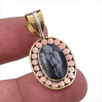 Natural Snowflake Obsidian Gemstone 925 Solid Silver Two Tone Pendant 1.25 Y0F98
