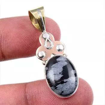 Natural Snowflake Obsidian Gemstone 925 Solid Silver Two Tone Pendant 1.75 I1I93