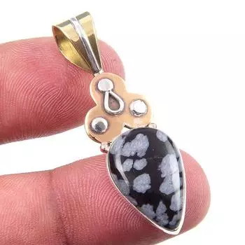 Natural Snowflake Obsidian Gemstone 925 Solid Silver Two Tone Pendant 1.75 A7H95