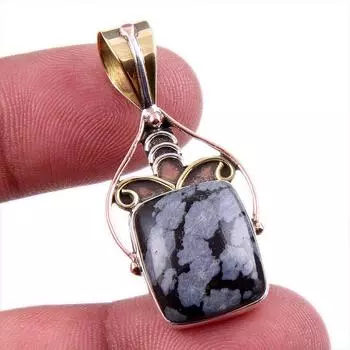 Natural Snowflake Obsidian Gemstone 925 Solid Silver Two Tone Pendant 1.5 v8D35