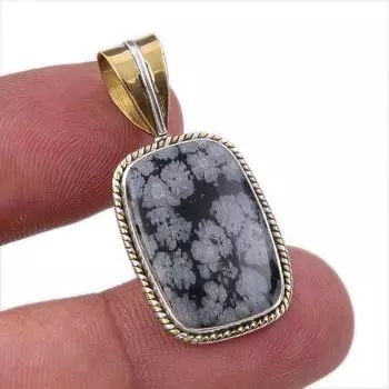 Natural Snowflake Obsidian Gemstone 925 Solid Silver Two Tone Pendant 1.25 k0r65