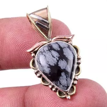Natural Snowflake Obsidian Gemstone 925 Solid Silver Two Tone Pendant 1.25 G3T07