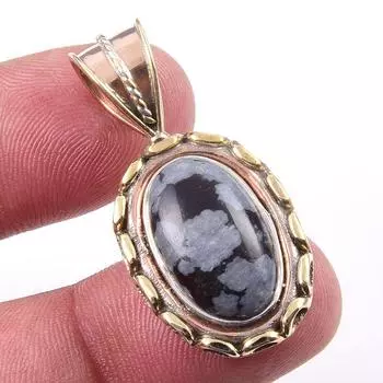 Natural Snowflake Obsidian Gemstone 925 Solid Silver Two Tone Pendant 1.50 S1f01