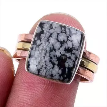 Natural Snowflake Obsidian Gemstone 925 Solid Silver Two Tone Ring Size 9US g8g94
