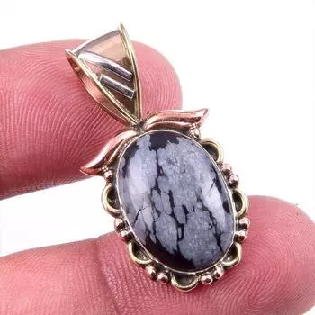 Natural Snowflake Obsidian Gemstone 925 Solid Silver Two Tone Pendant 1.25 I0d84