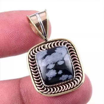 Natural Snowflake Obsidian Gemstone 925 Solid Silver Two Tone Pendant 1.25 Q9k73