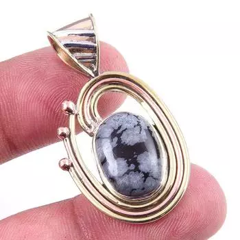 Natural Snowflake Obsidian Gemstone 925 Solid Silver Two Tone Pendant 1.50 l7l76