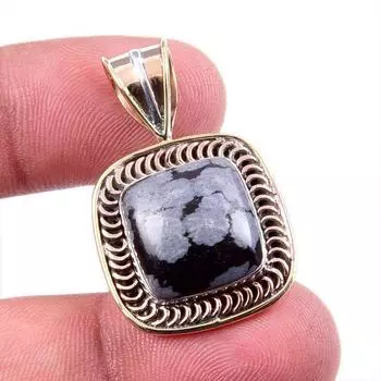Natural Snowflake Obsidian Gemstone 925 Solid Silver Two Tone Pendant 1.25 D0o44