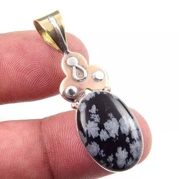 Natural Snowflake Obsidian Gemstone 925 Solid Silver Two Tone Pendant 1.75 E0w73