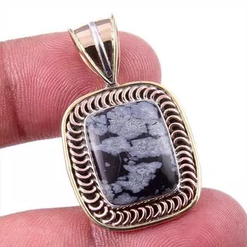 Natural Snowflake Obsidian Gemstone 925 Solid Silver Two Tone Pendant 1.25 z0E42