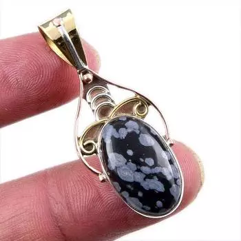 Natural Snowflake Obsidian Gemstone 925 Solid Silver Two Tone Pendant 1.75 Z4c79