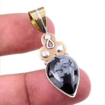 Natural Snowflake Obsidian Gemstone 925 Solid Silver Two Tone Pendant 1.75 S8i02