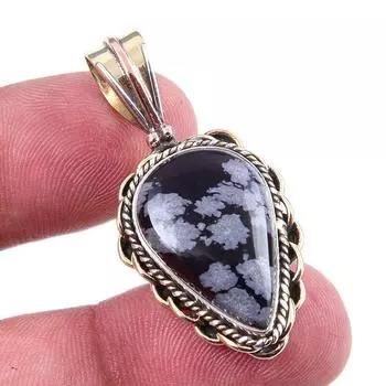 Natural Snowflake Obsidian Gemstone 925 Solid Silver Two Tone Pendant 1.50 Q1o14