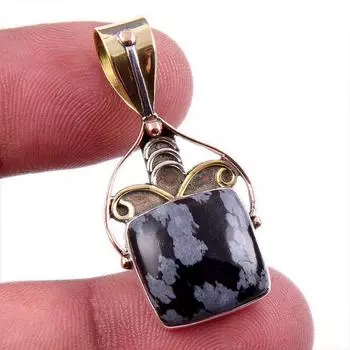 Natural Snowflake Obsidian Gemstone 925 Solid Silver Two Tone Pendant 1.75 f7A32