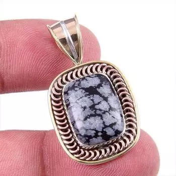 Natural Snowflake Obsidian Gemstone 925 Solid Silver Two Tone Pendant 1.25 C4o31
