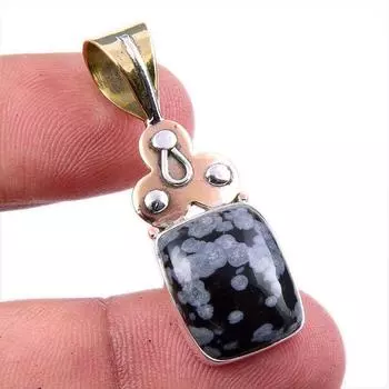 Natural Snowflake Obsidian Gemstone 925 Solid Silver Two Tone Pendant 1.75 a4o56