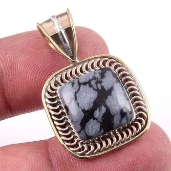 Natural Snowflake Obsidian Gemstone 925 Solid Silver Two Tone Pendant 1.25 k1A67