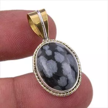 Natural Snowflake Obsidian Gemstone 925 Solid Silver Two Tone Pendant 1.25 U2G68