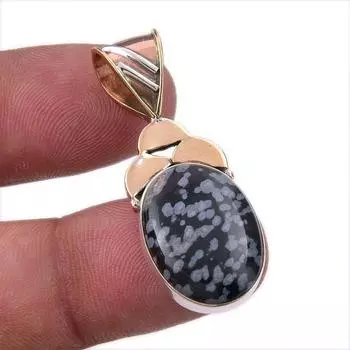 Natural Snowflake Obsidian Gemstone 925 Solid Silver Two Tone Pendant 1.50 V5R82