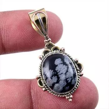 Natural Snowflake Obsidian Gemstone 925 Solid Silver Two Tone Pendant 1.50 M6L63