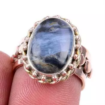 Natural Snowflake Obsidian Gemstone 925 Solid Silver Two Tone Ring Size 6US B9W14