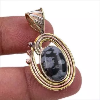 Natural Snowflake Obsidian Gemstone 925 Solid Silver Two Tone Pendant 1.50 W5V47