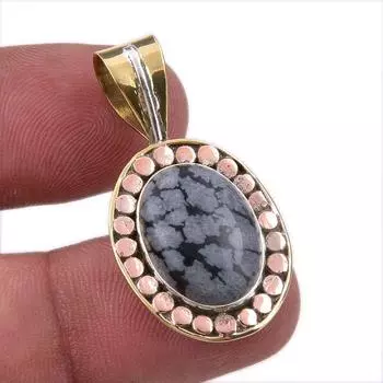 Natural Snowflake Obsidian Gemstone 925 Solid Silver Two Tone Pendant 1.50 a5S69
