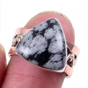 Natural Snowflake Obsidian Gemstone 925 Solid Silver Two Tone Ring Size 7US l8b72