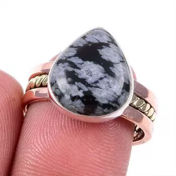 Natural Snowflake Obsidian Gemstone 925 Solid Silver Two Tone Ring S.7.5US O5m29