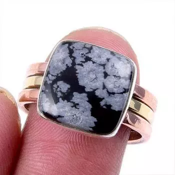 Natural Snowflake Obsidian Gemstone 925 Solid Silver Two Tone Ring Size 9US c5Z98