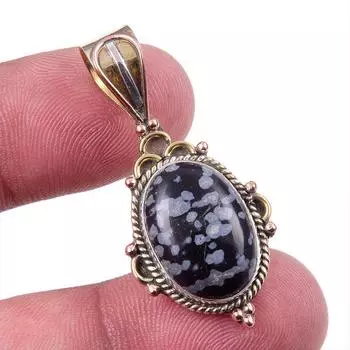 Natural Snowflake Obsidian Gemstone 925 Solid Silver Two Tone Pendant 1.50 k0t51