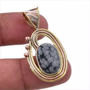 Natural Snowflake Obsidian Gemstone 925 Solid Silver Two Tone Pendant 1.50 N7i41