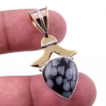 Natural Snowflake Obsidian Gemstone 925 Solid Silver Two Tone Pendant 1.50 V3U04