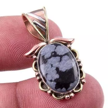 Natural Snowflake Obsidian Gemstone 925 Solid Silver Two Tone Pendant 1.25 k5G58