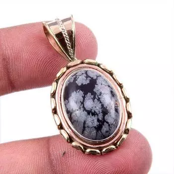Natural Snowflake Obsidian Gemstone 925 Solid Silver Two Tone Pendant 1.5 G3M31