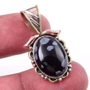 Natural Snowflake Obsidian Gemstone 925 Solid Silver Two Tone Pendant 1.25 q7H33