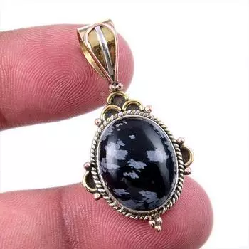 Natural Snowflake Obsidian Gemstone 925 Solid Silver Two Tone Pendant 1.50 Z0o84